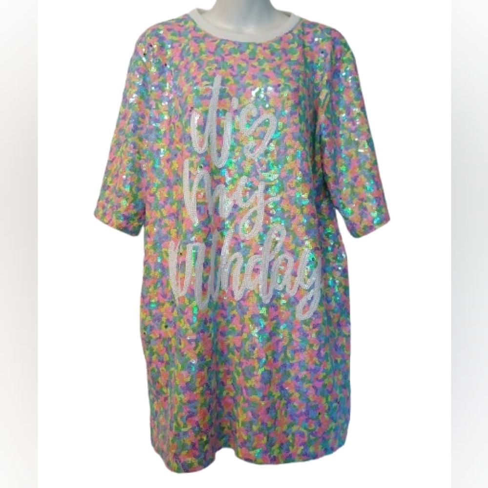 NWT WHY Dress It’s My Birthday Multicolored Sequined 3/4 Sleeve Shift Mini Dress